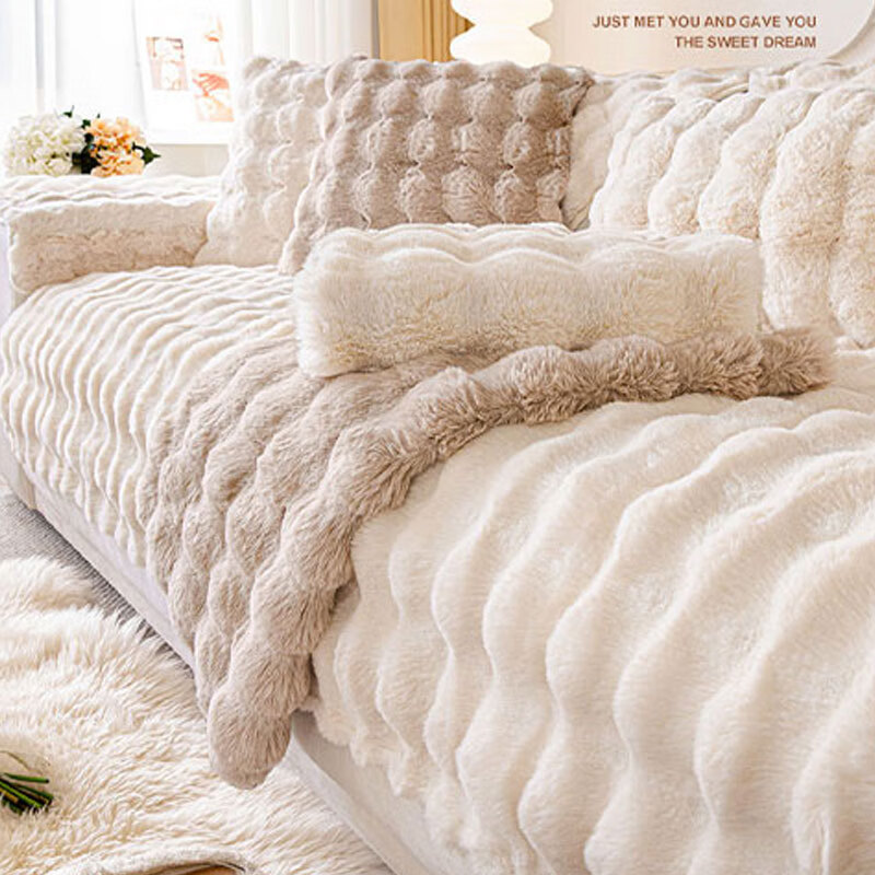 Jingxun Plush Non-Slip Warm Faux Rabbit Fur Sofa Cushion Cover Slipcover Four Seasons Bay Window Pad 70*70cm