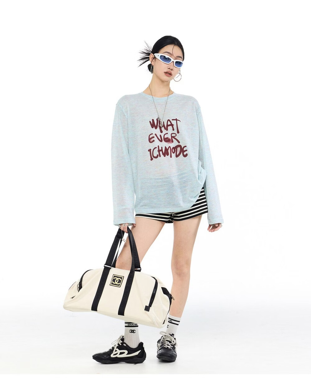 ICH MODE American Style Lightweight Long Sleeve T-Shirt Women 2026 New Spring Summer Physical Sun Protection Loose Top Blue M 8