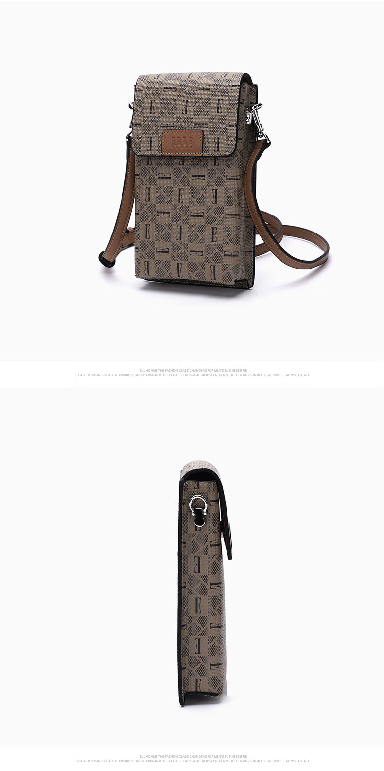 ELLE HOMME Fashion Single Shoulder Crossbody Bag Trendy PVC Leather Phone Bag Casual Unisex Small Shoulder Bag 3031 Dark Coffee 9