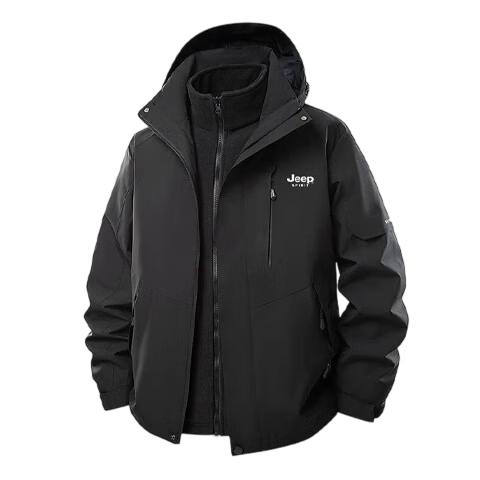 JEEP SPIRIT Men's Autumn Winter Outdoor Windproof Hooded Jacket Warm 3-in-1 Coat Black 3XL