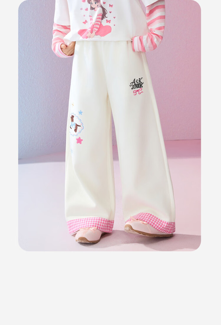 ASK JUNIOR Kids Pants 2026 Spring Straight-Leg Trousers for Girls Plaid Color-Block Casual Pants Apricot 2