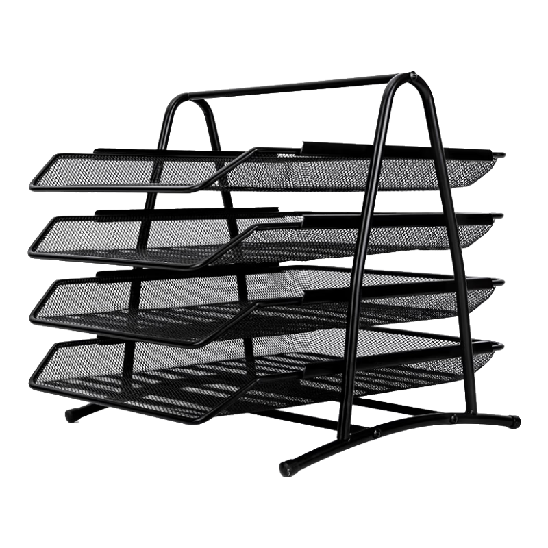 Deli Business Four-Tier Metal File Tray, Desktop Document Storage Box, File Organizer Rack/document Holder/file Basket, Movable Tray Front And Back, Black 9184