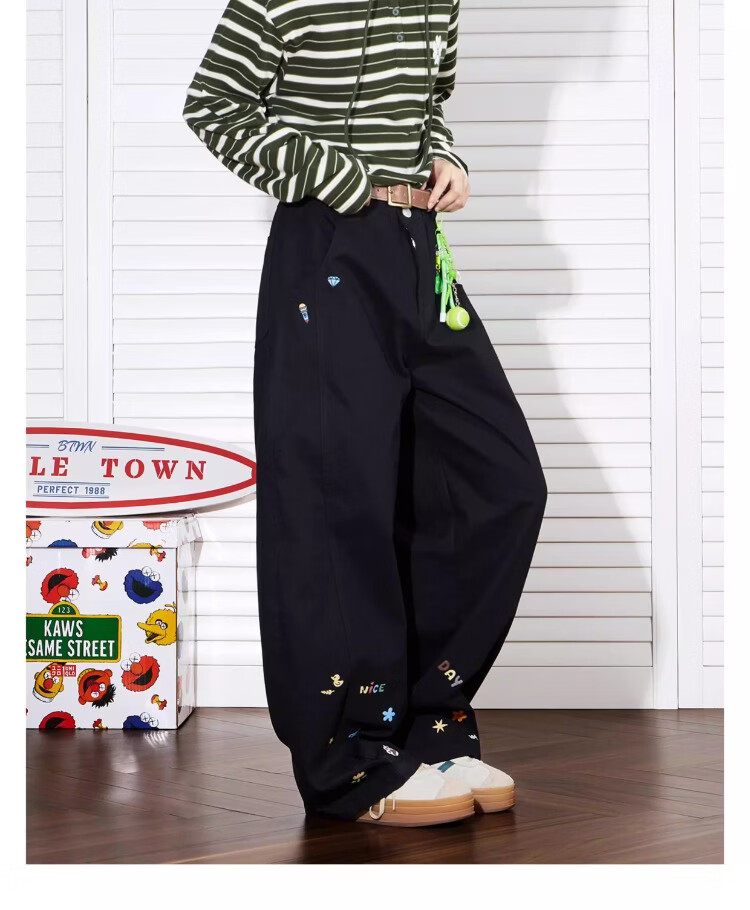 BEETLE TOWN Cartoon Embroidered Casual Pants for Women Spring Autumn 2025 New Loose Wide-Leg Curved Blade Pants Black M 20
