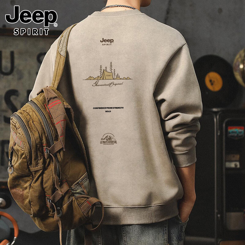 JEEP SPIRIT Men's Heavyweight Sweatshirt Spring American Vintage Long Sleeve Crew Neck T-Shirt Khaki M