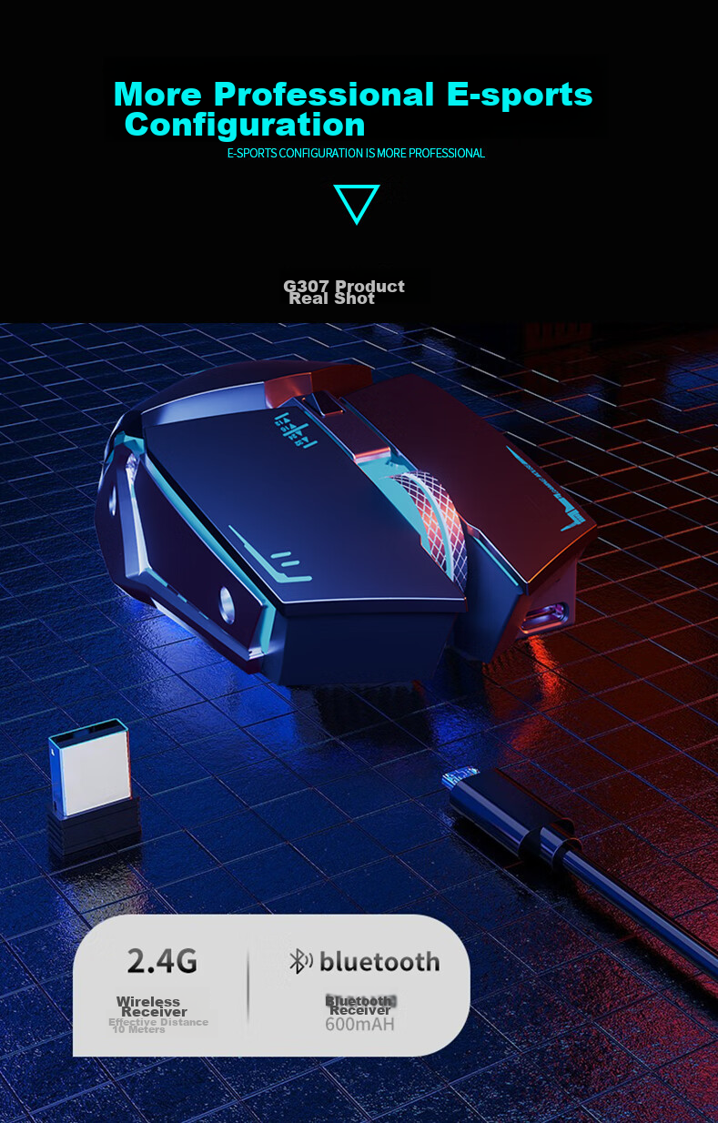EWEADN G307 Wireless Bluetooth Dual-Mode Mouse with Mechanical Feel, Rechargeable Low-Frequency Gaming Mouse for Laptop And Desktop Computers, Universal for PUBG CF Peripherals, Cool Black 6