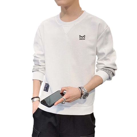 MiiOW Men's Sweatshirt, Spring And Autumn Long-Sleeve T-Shirt, Round Neck Casual Trendy Brand Top, White, 3XL