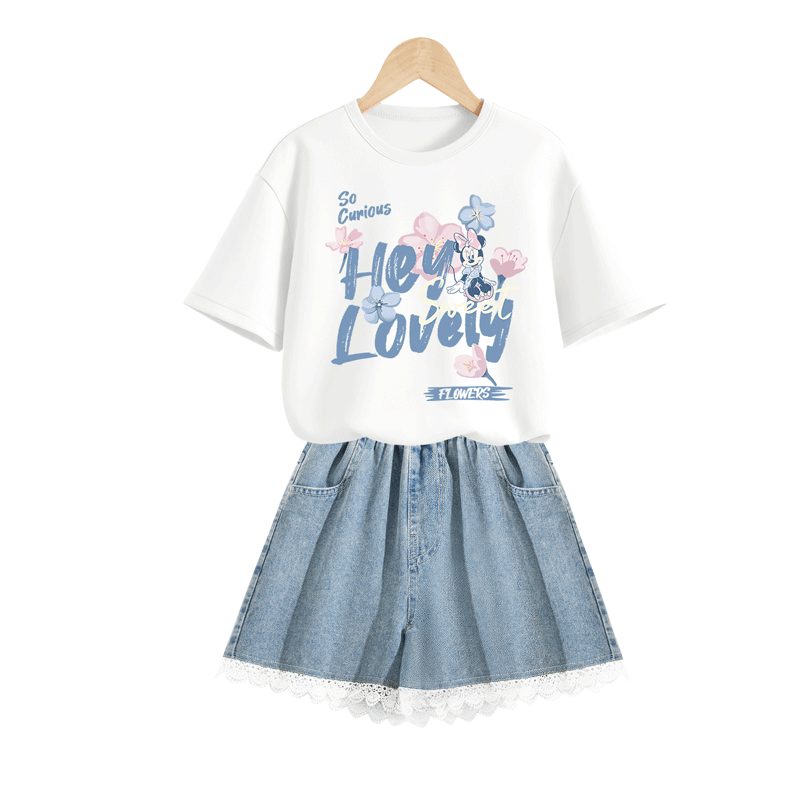 Disney Kids Short Sleeve Set 2026 Summer New Stylish Korean Version Girls Denim Shorts Trendy Girls Summer Outfit