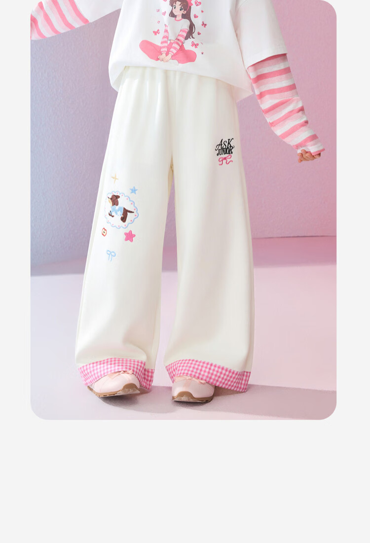 ASK JUNIOR Kids Pants 2026 Spring Straight-Leg Trousers for Girls Plaid Color-Block Casual Pants Apricot 7