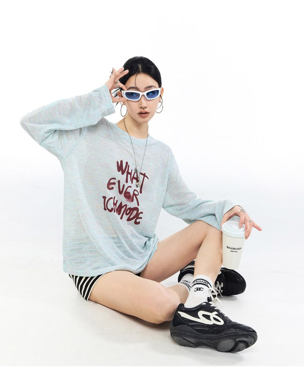 ICH MODE American Style Lightweight Long Sleeve T-Shirt Women 2026 New Spring Summer Physical Sun Protection Loose Top Blue M 10