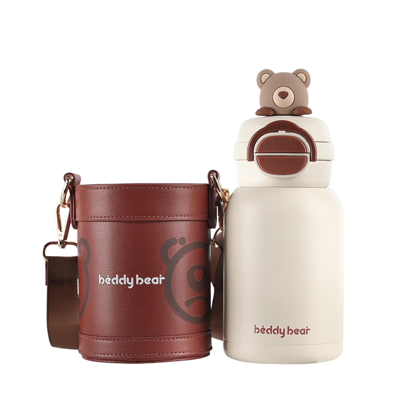 BEDDYBEAR Open-Mouth Smile Dual-Drink Children's Insulated Straw Water Bottle Student Large Capacity Thermos 600ML Brown Cute Bear