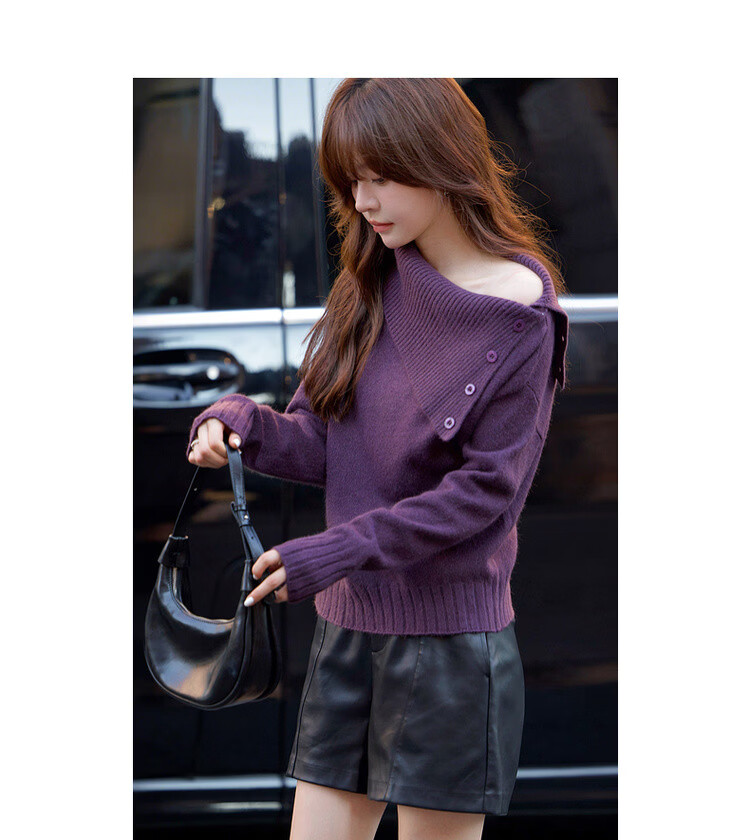 Demana Red Rose Nocturne Winter Vintage Elegant Asymmetric Neckline Slimming Knit Sweater for Women 16