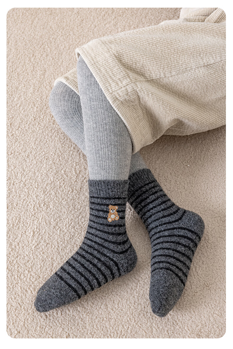 MiiOW 3 Pairs Kids Socks Autumn Winter Thickened Fleece Boys Korean Style Cartoon Bear Mid-Calf Girls Socks 6