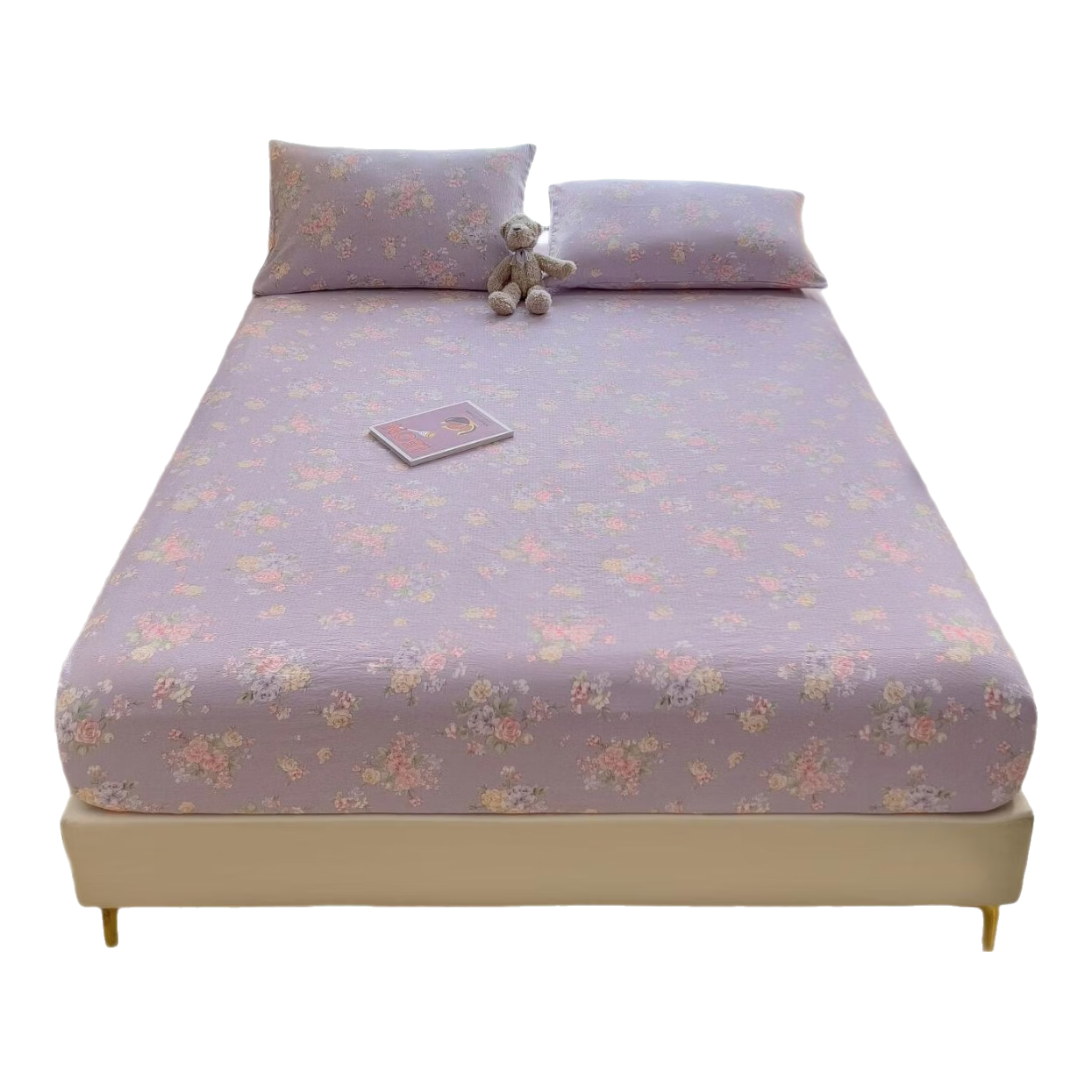 Hongdou Class A Double-Layer Gauze Fitted Sheet Single Home Mattress Cover Full Wrap Mattress Protector 180*200cm Purple