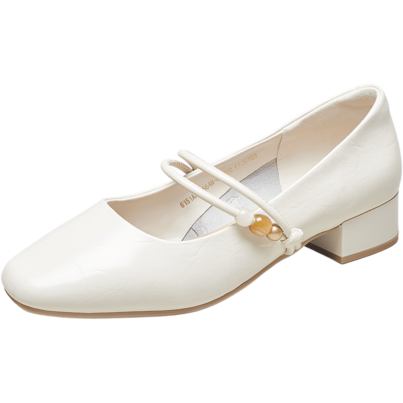 Eierkang Women's French Mary Jane Shoes Gentle Evening Style Low-Cut Chunky Heel Leather Shoes 16864W Off-White Size 37