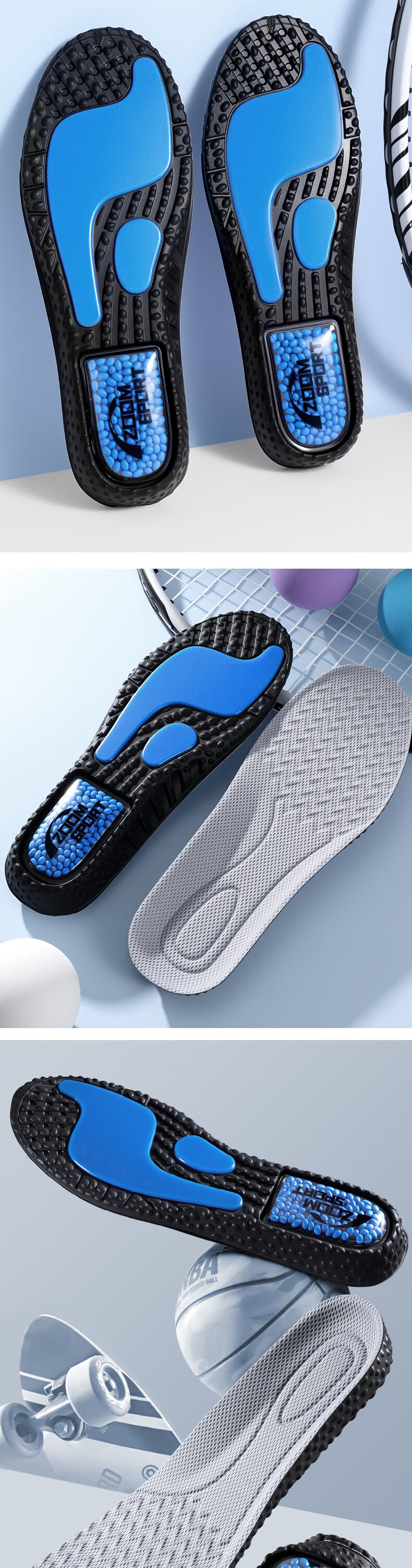 Footprint Tribe Men's Sports Insoles Air Cushion Shock Absorption Soft Elastic Anti-Fatigue Breathable Sweat-Absorbing Odor-Resistant Summer Size 41-42 8