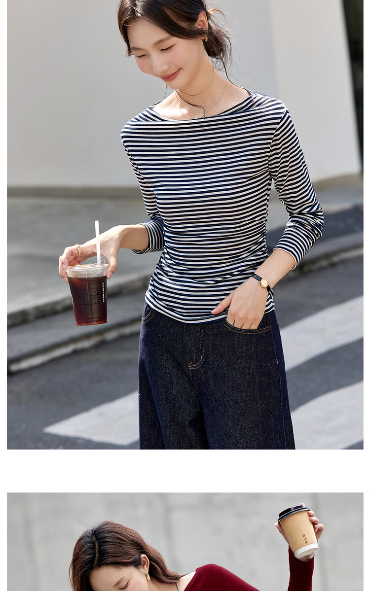 Vimly French Vintage Striped T-Shirt Women Autumn Winter Slim Fit Long Sleeve Top White Navy Stripes M 14