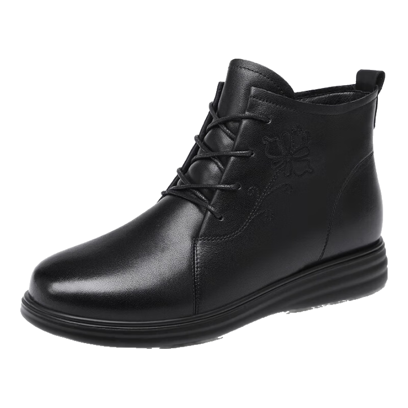 Red Dragonfly Women's Short Boots Autumn Winter Slim Fleece Lined Warm Leather Boots Middle-aged Embroidered Chinese Style Cotton Boots WTC433961R