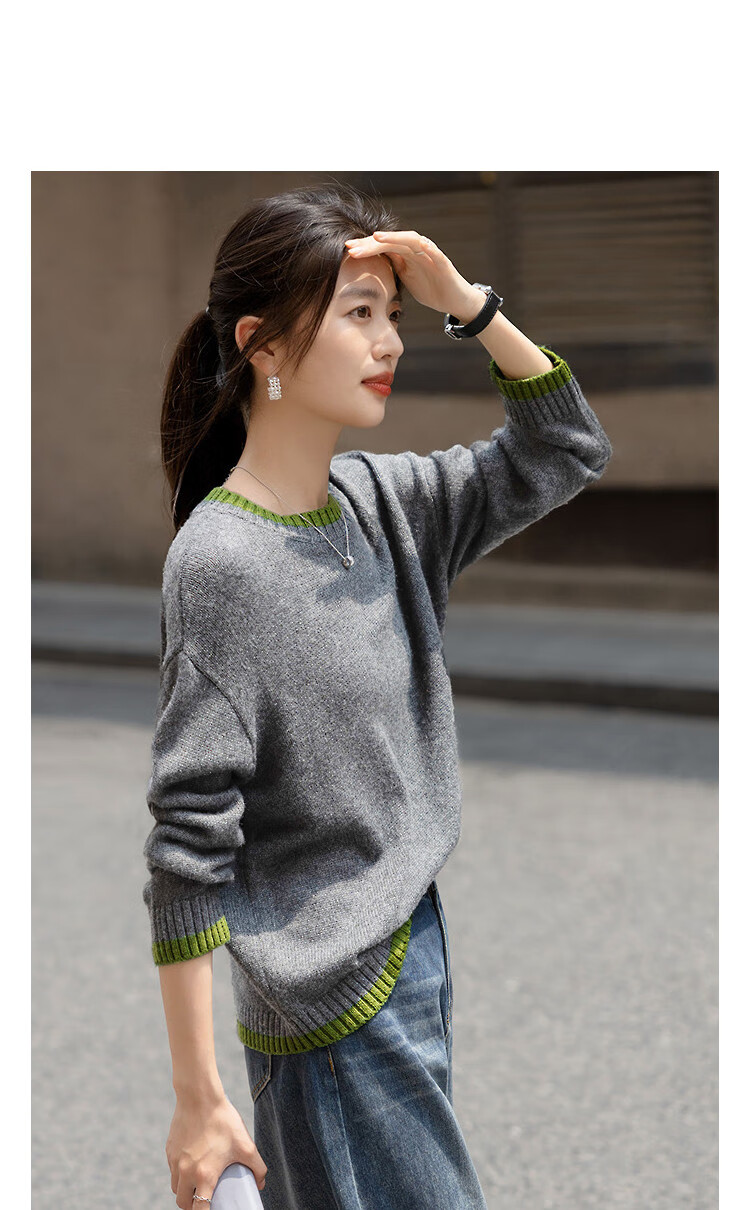 Demana【Voluminous Fluffy Wool】Winter Simple Style Embroidered Colorblock Crewneck Loose Knit Sweater for Women 3