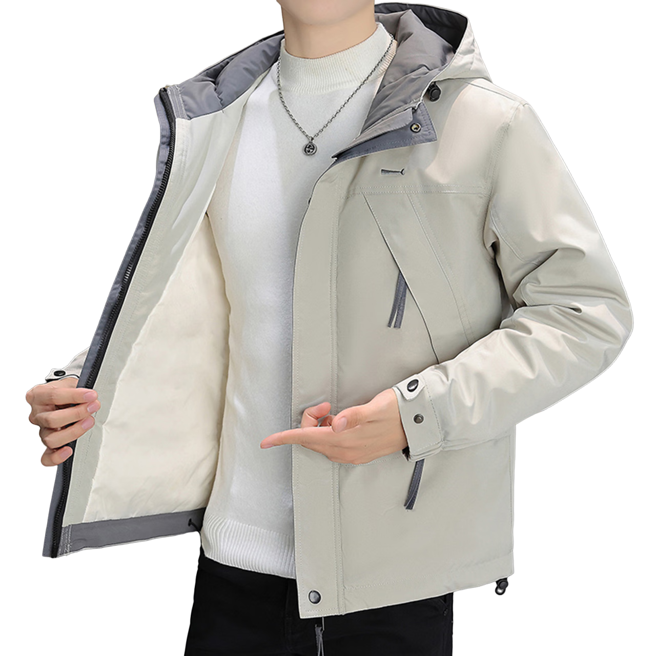 Pierre Cardin Men's Down Jacket Autumn Winter Trendy Hooded Casual Coat Men's Warm Workwear Jacket Off-White XL