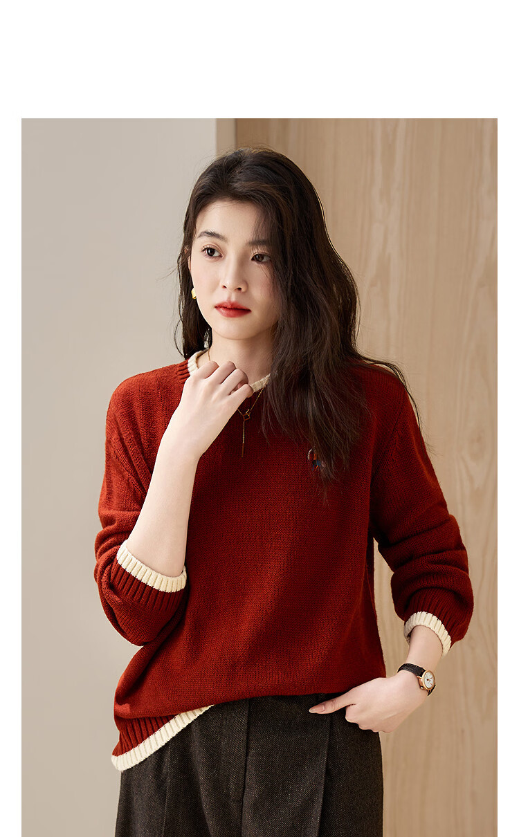 Demana【Voluminous Fluffy Wool】Winter Simple Style Embroidered Colorblock Crewneck Loose Knit Sweater for Women 4