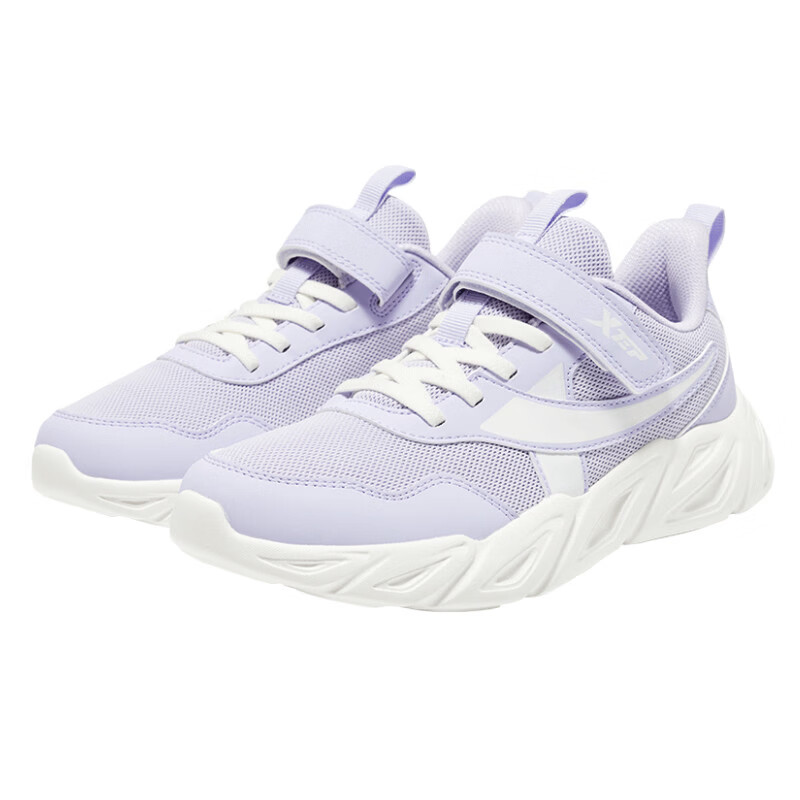 XTEP Kids Basic Running Shoes Velcro Girls Leather Casual Sneakers Navy Purple/Off-White Size 35