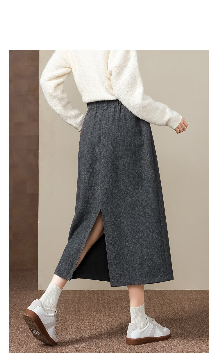 Demana [Salt Style Light] Winter Elastic Waist Color-Block Drawstring Textured Woolen Peplum Loose Fit Concealing Women's Skirt 11