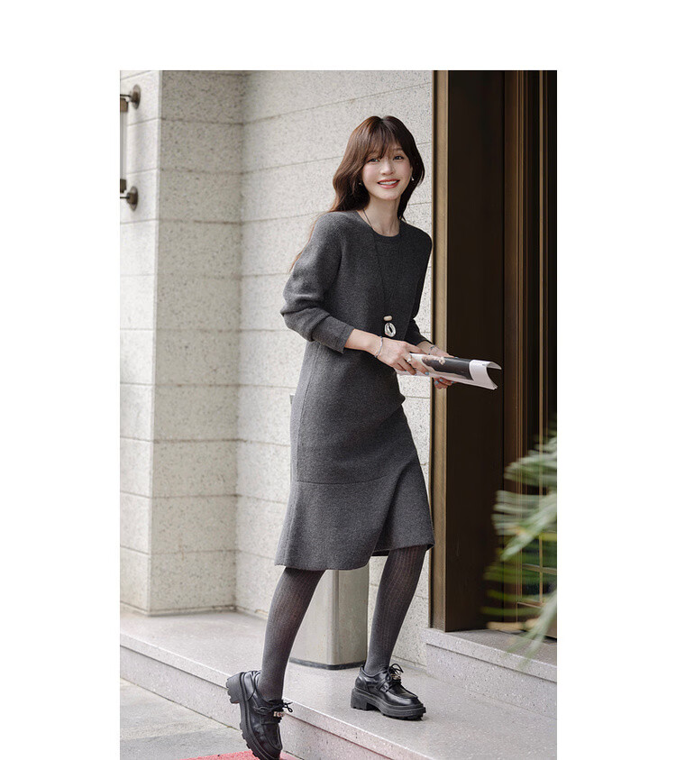 MT Smart Warm Style Winter Lazy Round Neck Fish Tail Soft Comfortable Elegant Knit Long Dress for Women 10