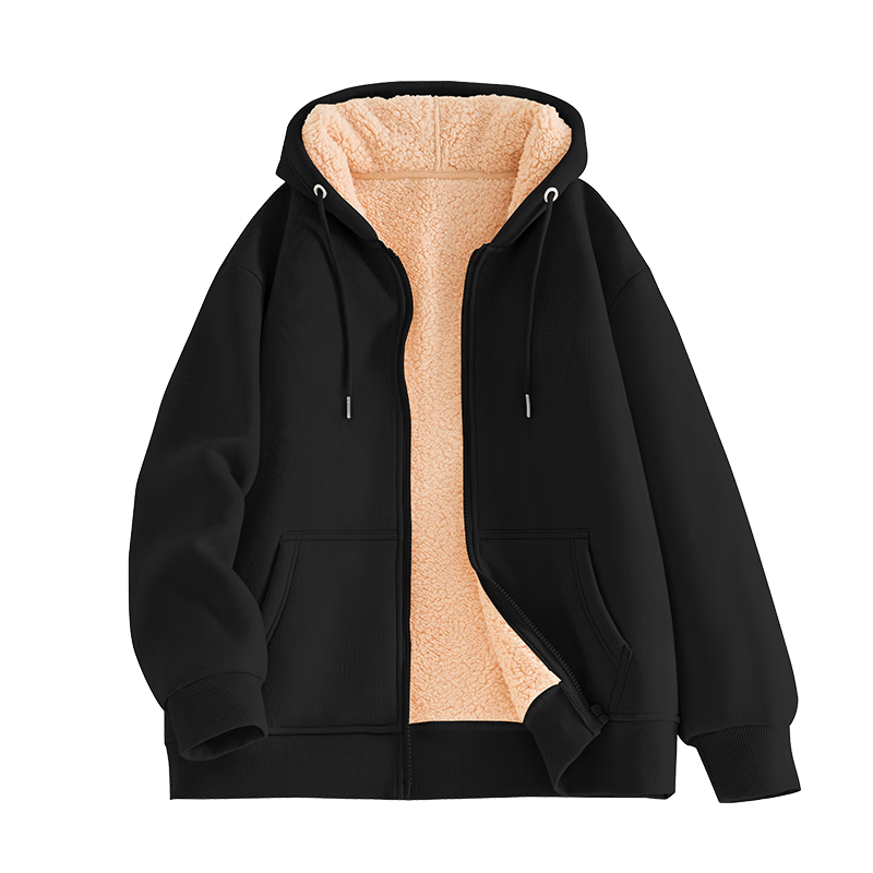 Baleno Black Fleece-Lined Men's Hoodie 2025 Winter Thickened Lamb Wool Warm Heavyweight Zip-Up Jacket