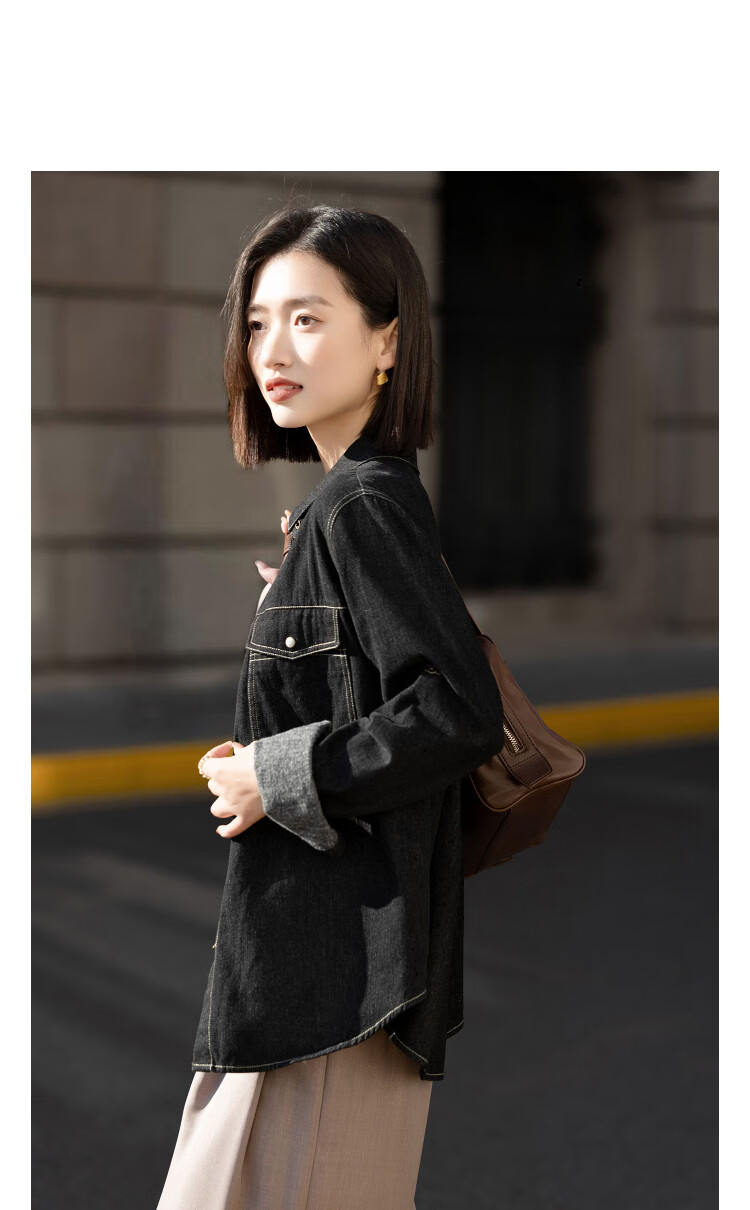 Demana [Cloud Oxygen Cotton] Spring Urban Style Contrast Piping Fleece-Lined Petite Women's Denim Shirt with Turn-Down Collar 14