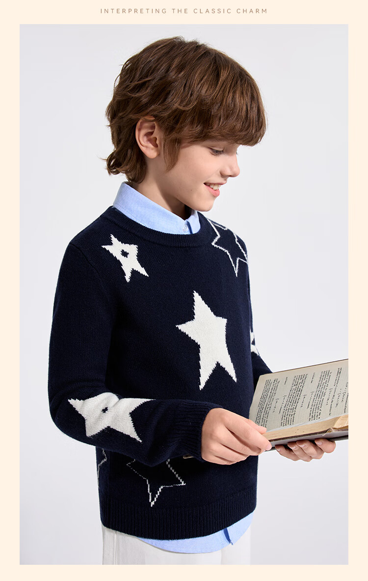 YEEHOO Boys Wool Sweater Kids Pullover 100% Wool Crew Neck Fashion Spring Dark Blue Size 120 18