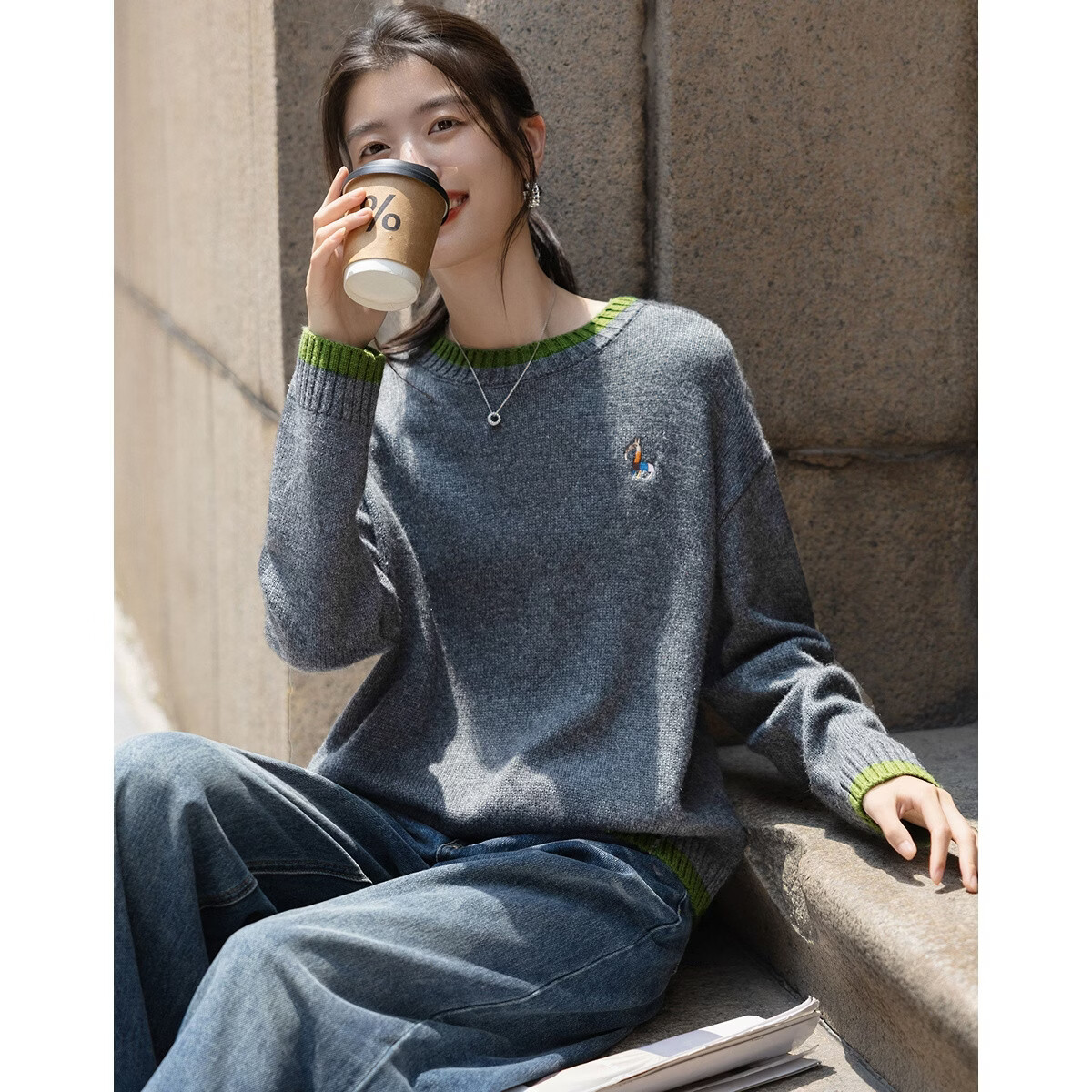 DemanaăVoluminous Fluffy WoolăWinter Simple Style Embroidered Color-Block Crew Neck Loose Knit Sweater for Women