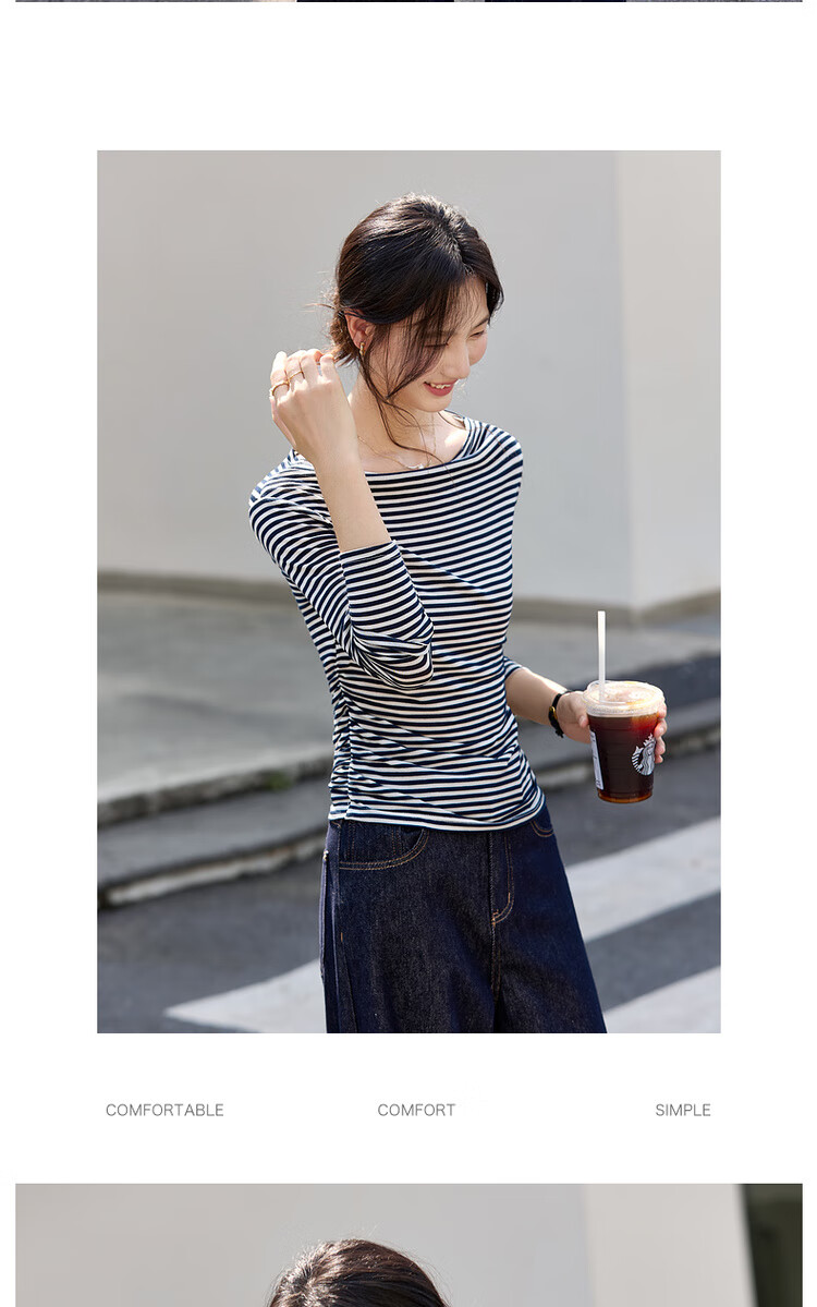 Vimly French Vintage Striped T-Shirt Women Autumn Winter Slim Fit Long Sleeve Top White Navy Stripes M 13