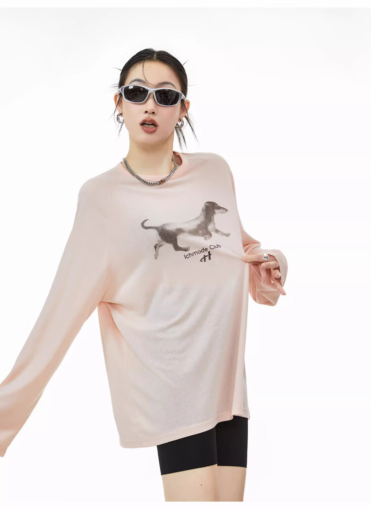 ICH MODE American-Style Physical Sun Protection Long-Sleeve T-Shirt, Thin Cool-Feeling Cover-Up for Women, Spring And Summer New Loose Top, Pink, L 38