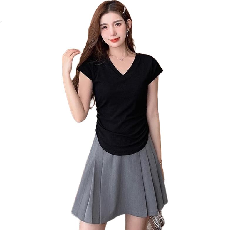 Woodpecker Women's V-Neck Short Sleeve T-Shirt 2025 New Spring Summer Slim Fit Waist Drawstring Casual Niche Top Black L