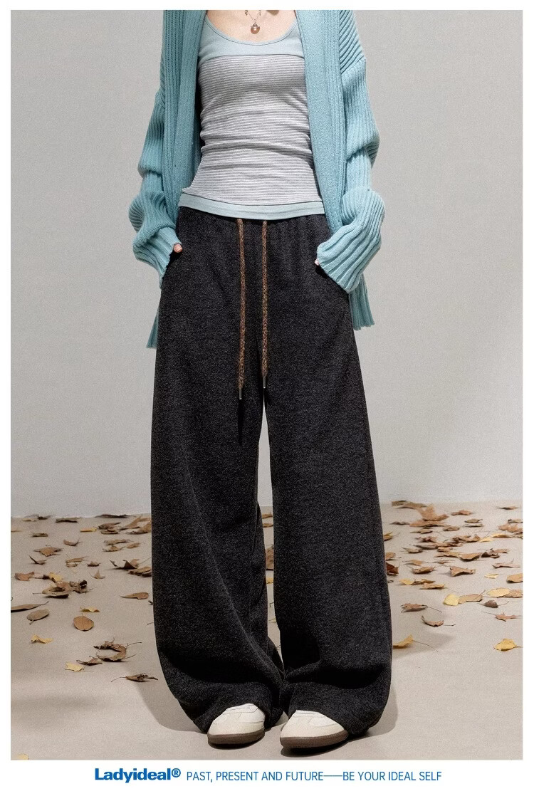 LADY IDEAL Brushed Casual Pants for Women 2025 Spring New Draped Straight Loose Wide-Leg Pants Black M 9