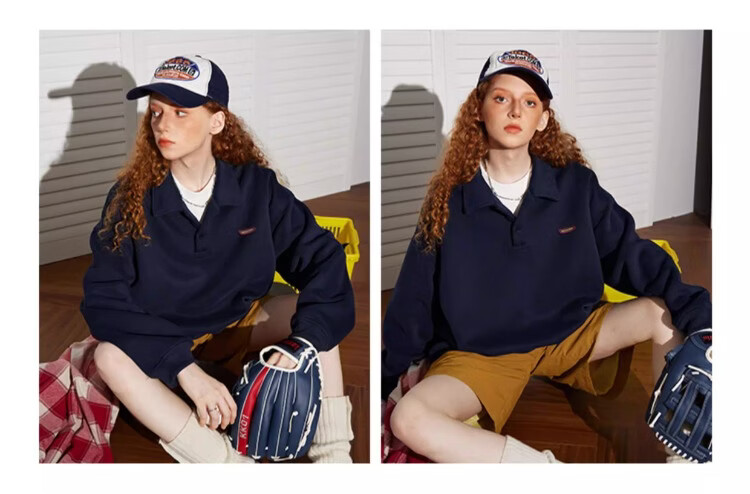 BEETLE TOWN Minimalist Casual Polo Collar Sweatshirt Women Spring New Couple Long Sleeve Collared Jacket Navy Blue S 5