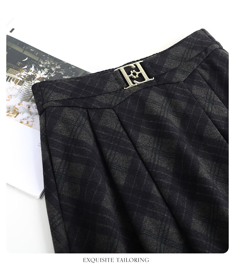 Bailuyu Elegant Vintage Plaid High-Waist Long A-Line Skirt Black Gray Check S 5
