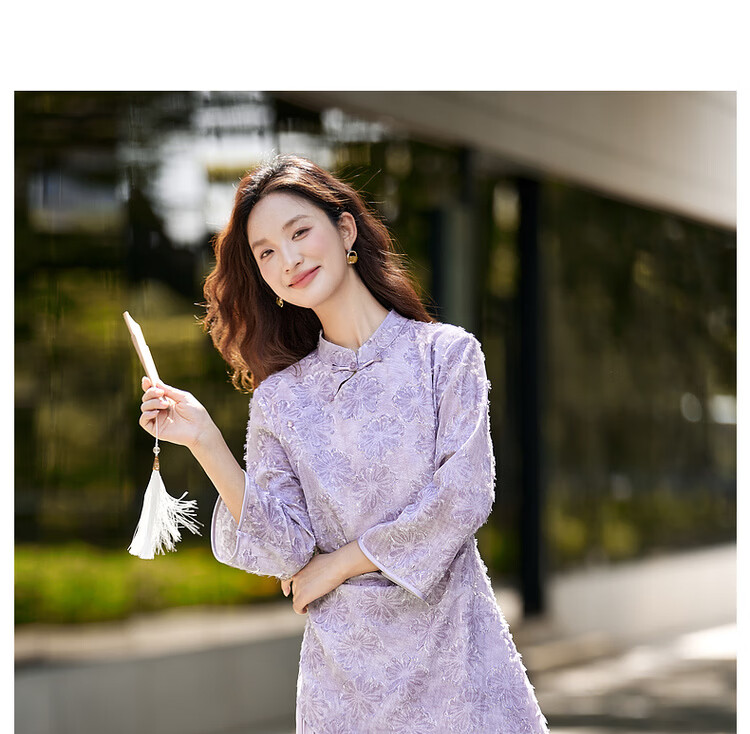 Vimly New Chinese Style Heavy Embroidery Dress Women Autumn New Long Sleeve Improved Qipao Purple M 16