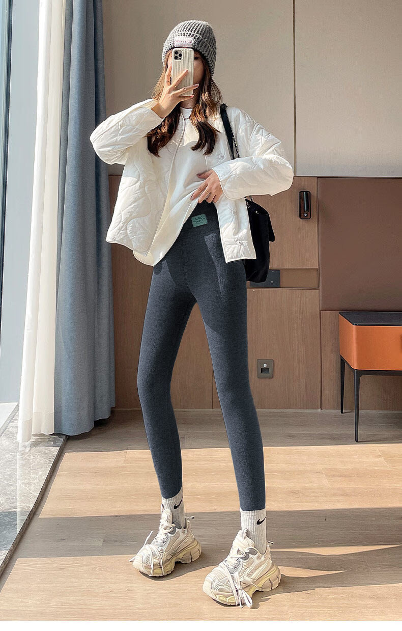 Urban Beauty Women's Fleece-Lined High-Waist Ribbed Leggings Thickened Warm Slim Fit Black Pants for Autumn and Winter 17
