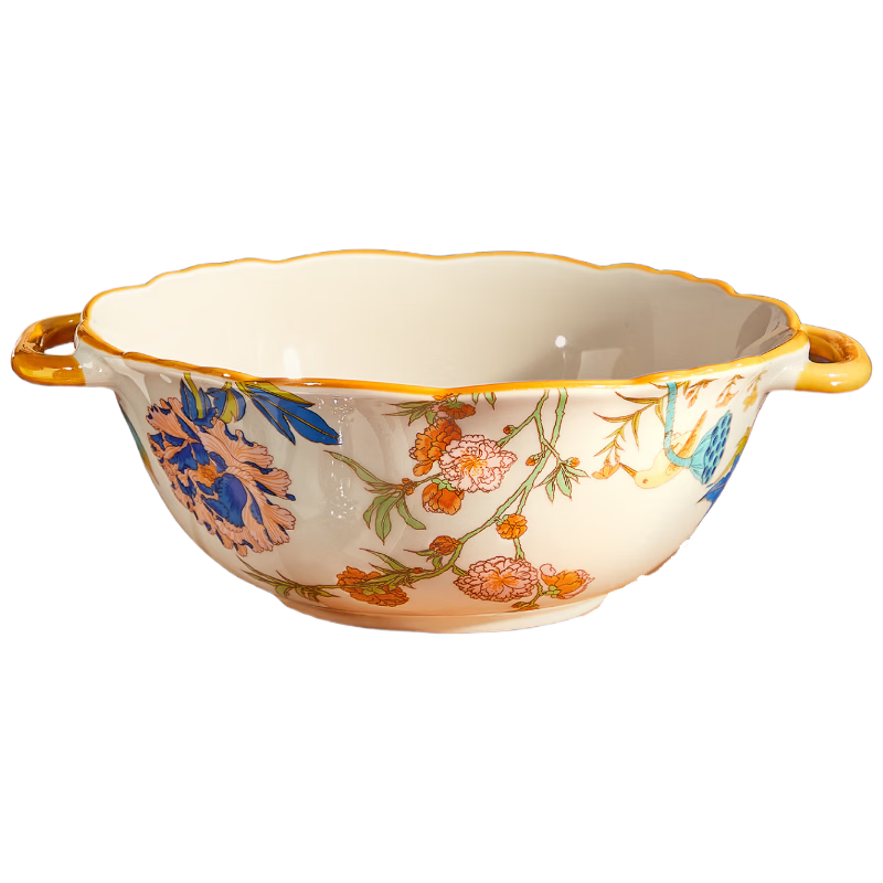 Ink Color Chinese Style Double-Handle Soup Bowl Home Use New High-Value Large Bowl Ramen Bowl Beautiful Salad Bowl Noodle Soup Bowl Baihua
