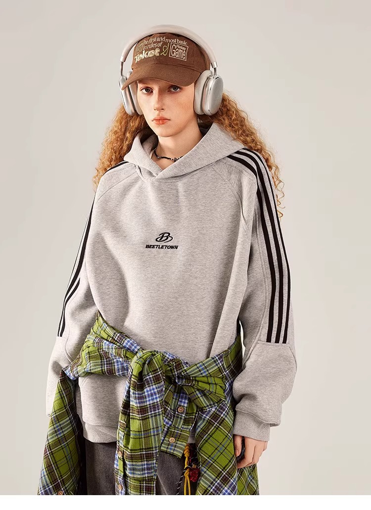 BEETLE TOWN American Style Striped Gray Raglan Sleeve Sweatshirt Women Spring New Versatile Couple Top Heather Gray M 17