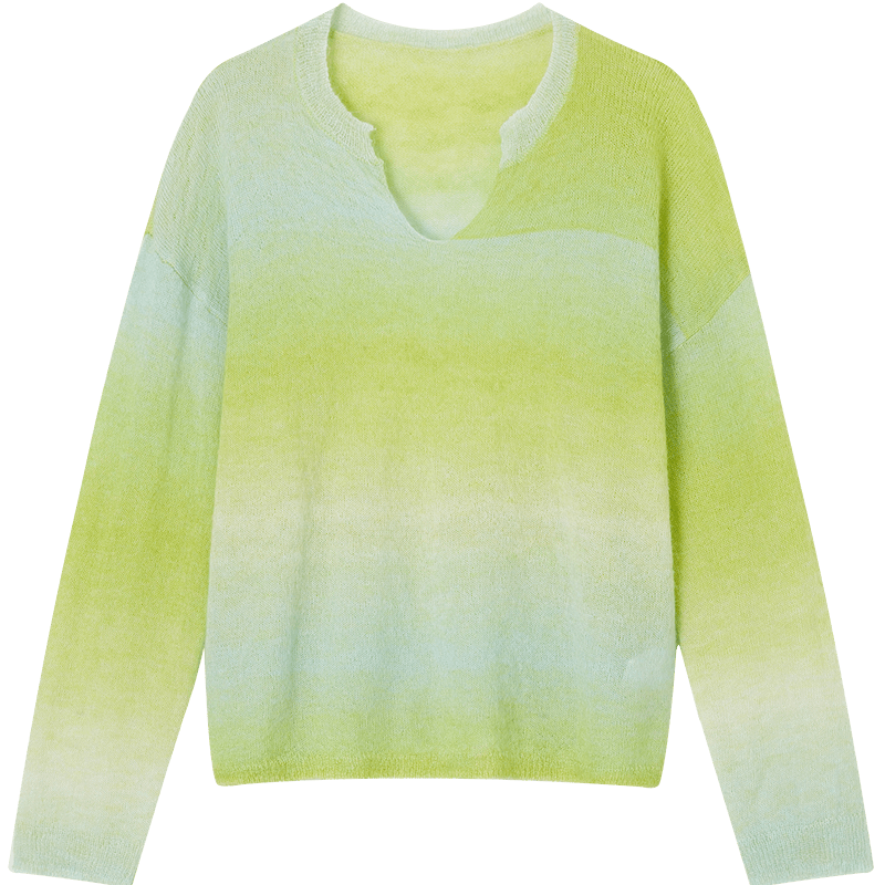 Demana [Green Mango Shaved Ice] Spring Tyndall V-Neck Irregular Gradient Sweater Loose Fit Petite Women's Knitwear