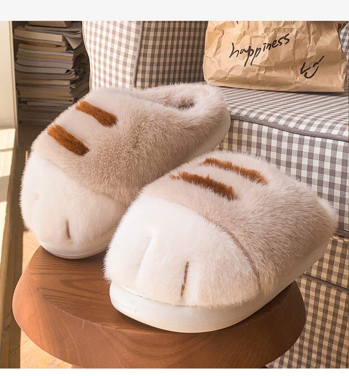 MINISO Cute Bear Claw Fleece-Lined Thickened Cotton Shoes, Adorable Wearable Home Slippers, Khaki (Cotton Shoes Style) Size 40-41 6