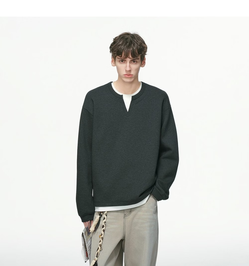 DREAM MADE American Style Two-in-One V-Neck Sweatshirt Men Spring New Heavyweight Inner Shirt Black M 21