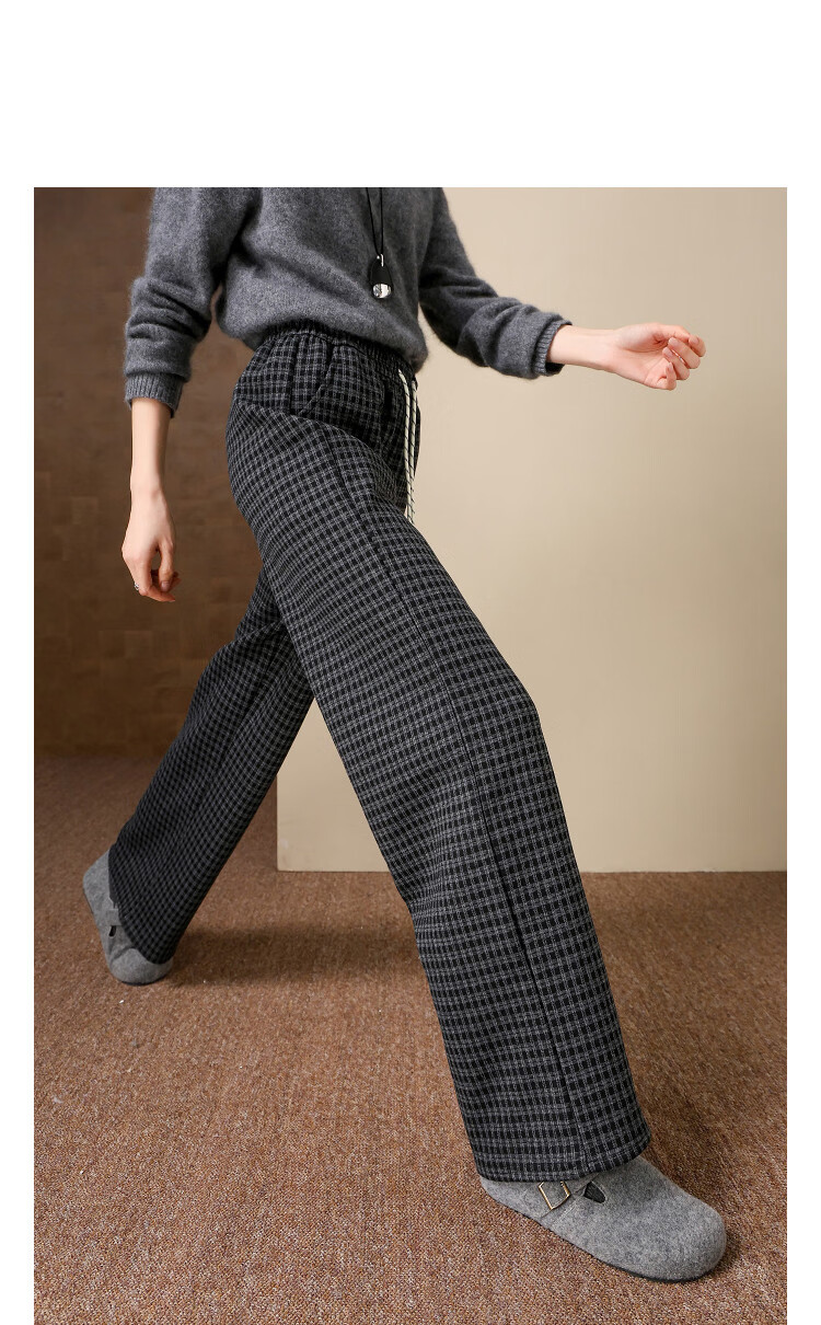Demana Warm Fleece Lined Series Winter Lazy Style Elastic Waist Drawstring Plaid Straight Leg Petite Women's Casual Pants 9