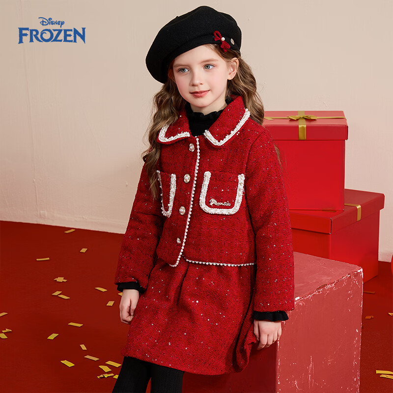 Disney Girls' Spring Autumn 2026 New Stylish Red Padded Jacket and Skirt Two-Piece Set