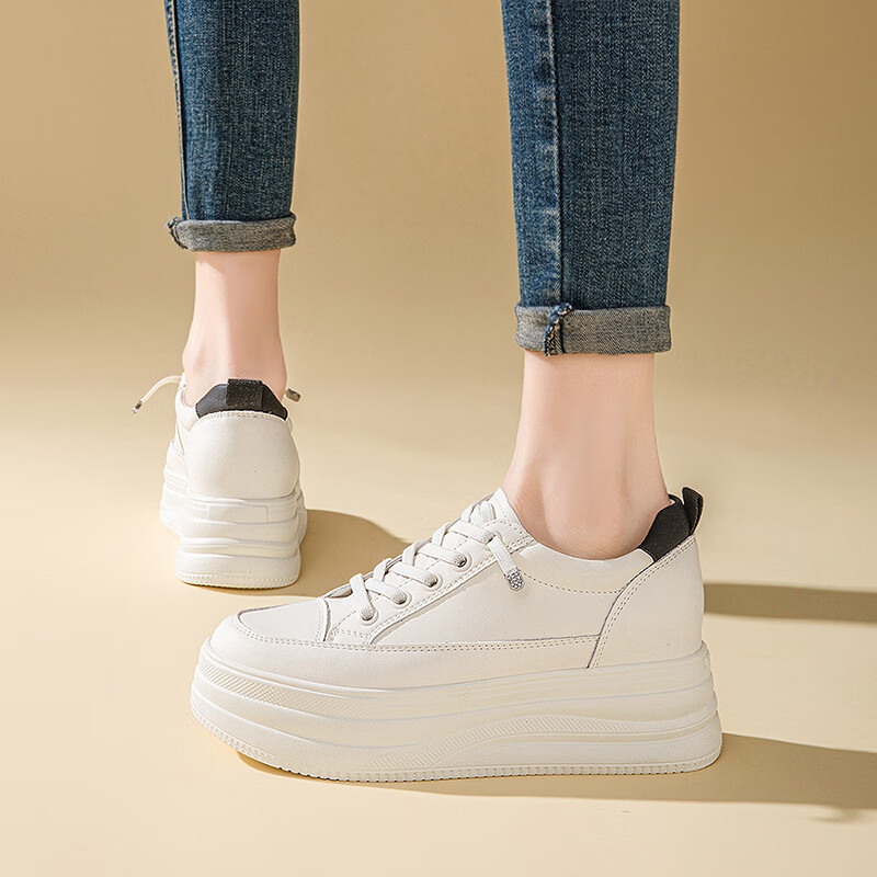 Red Dragonfly Women's Classic Thick Sole Height Increasing White Sneakers Simple Versatile Casual Shoes WPB15032 Beige/Black Size 36