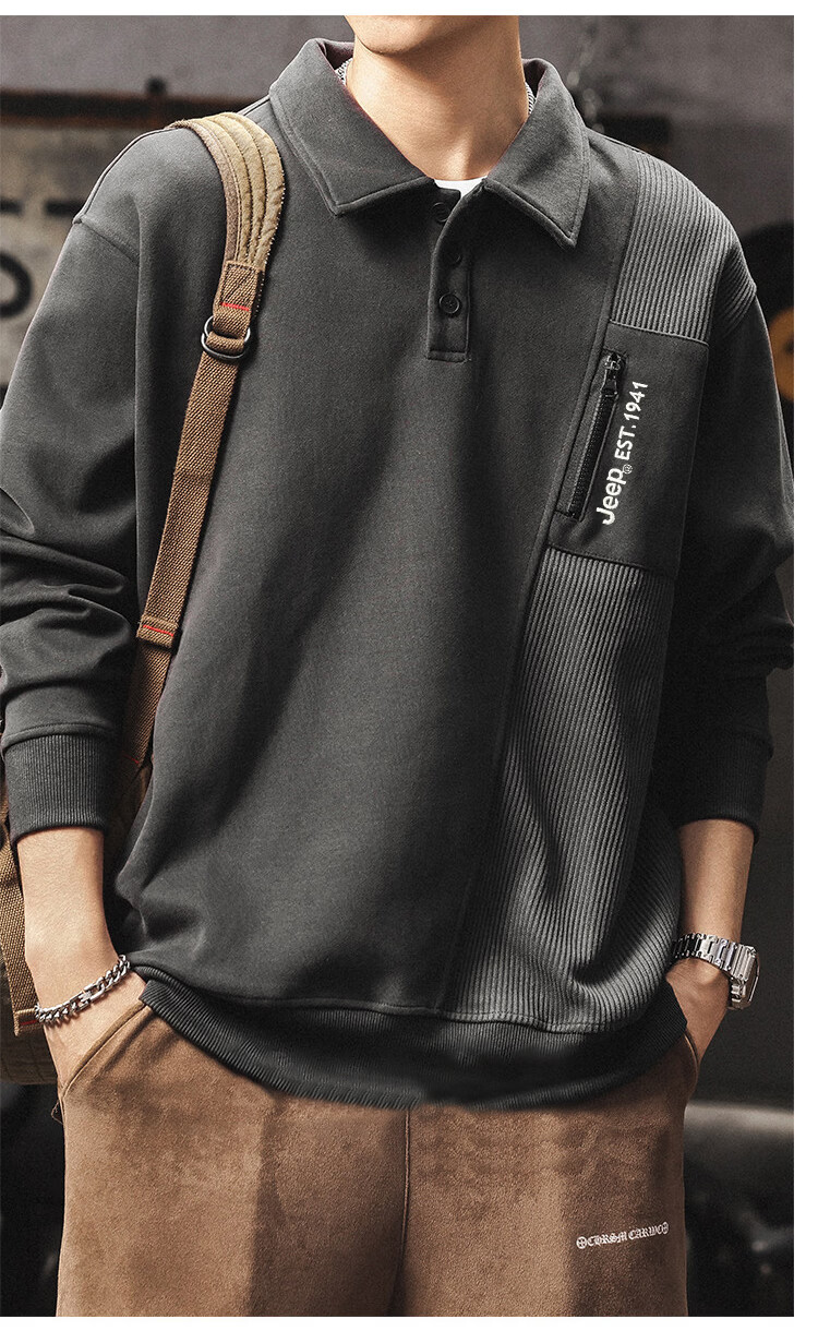 JEEP Men's Heavyweight Long Sleeve Polo Sweatshirt Spring Autumn Black XL 14