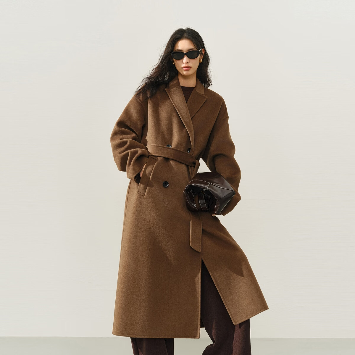 Peacebird Women's Woolen Coat Zhenrong Series Bathrobe Style 2.0 Double-Sided Woolen Jacket D Brown S