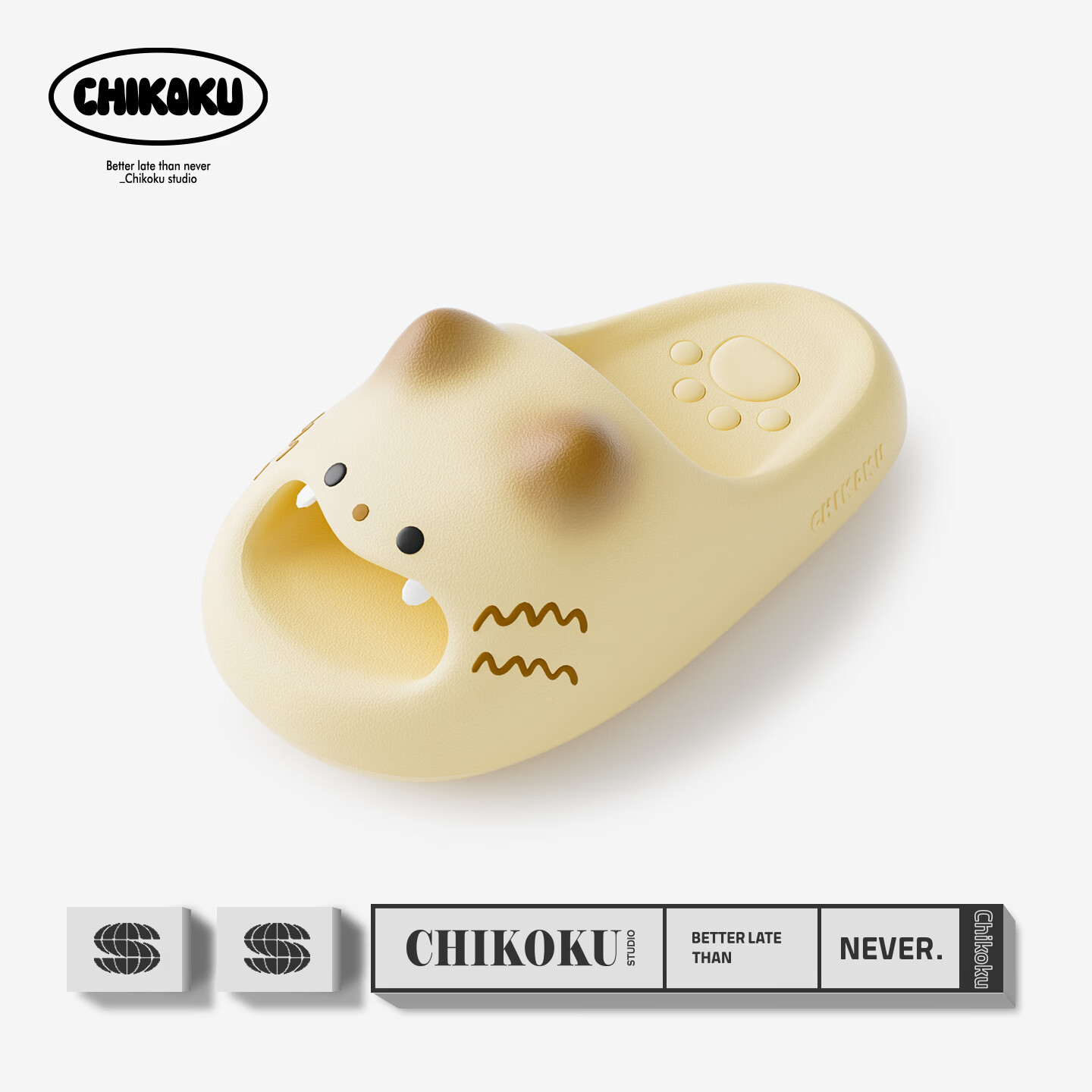 Chikoku Cute Cartoon Cat Paw Slippers Women's Summer New Thick Sole Home Non-Slip EVA Couple Sandals Men's Summer